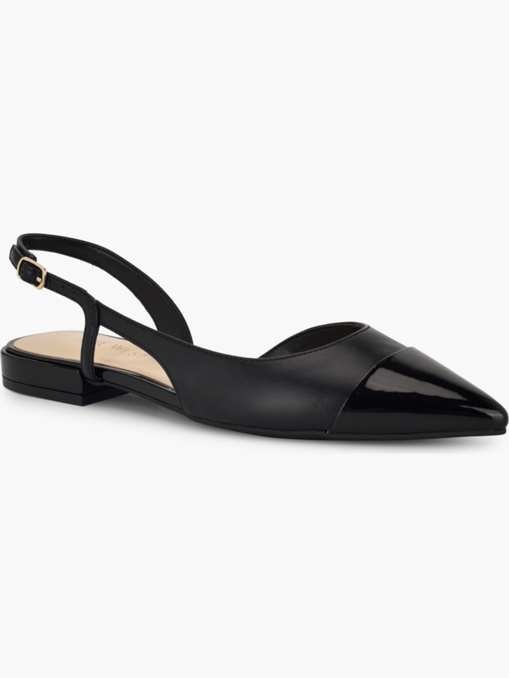 Nine West Black Pointed Patent Cap Slingback Flat